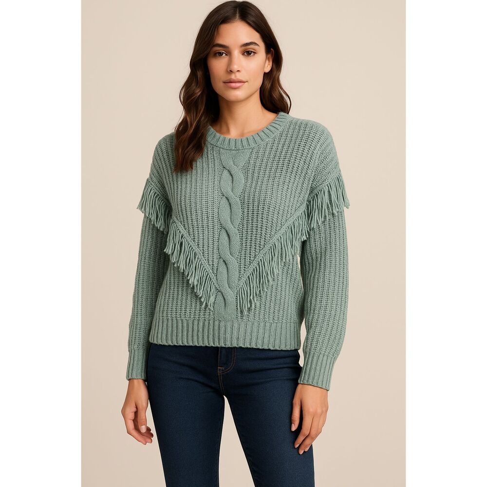 Willow Moon Fringe Knit Sweater XL Teal Mint Extra Soft Cable Knit Boho Western